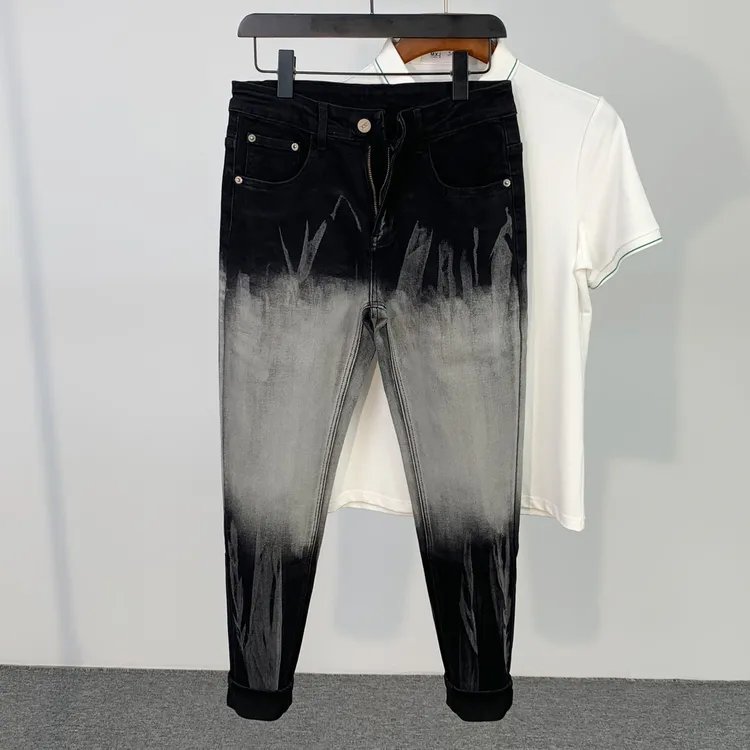 秋季新款个性渐变水洗牛仔裤男士美式高街撞色潮牌修身小脚长裤子