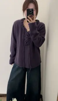 灰灰呀！甜巧布朗尼~慵懒甜美木耳边系带套头宽松厚实针织衫毛衣