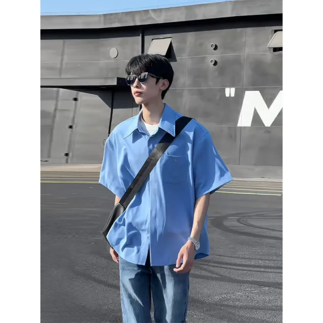 冰丝天蓝色衬衫男短袖夏季高级感痞帅外套韩系风格穿搭垂坠感衬衣