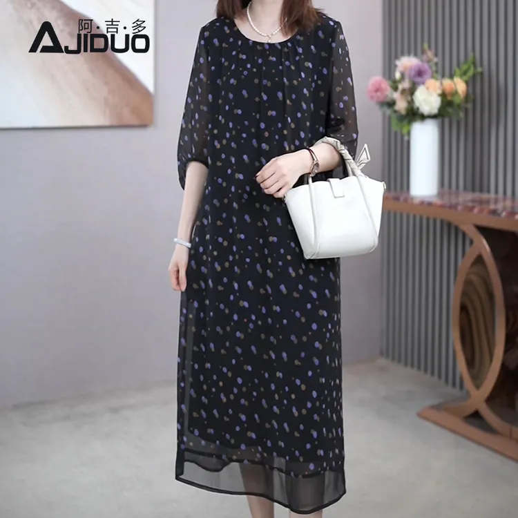 A22850阿吉多七分袖波点连衣裙女夏季新款30-40岁遮肚子大码裙子
