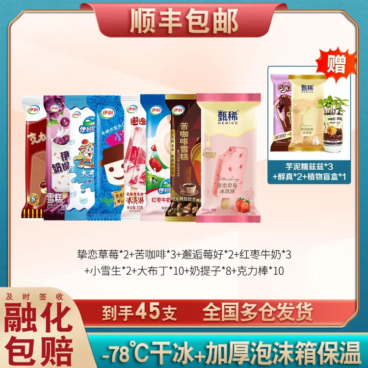 【45支】伊利甄稀经典雪糕草莓红枣冰淇淋巧克力小雪生奶味冰激凌