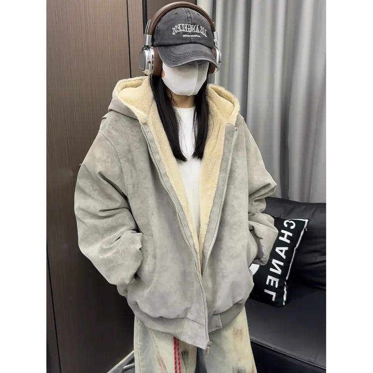 美式复古座山厚款过冬兔毛连帽棉服ins潮流宽松男女pu皮棉衣