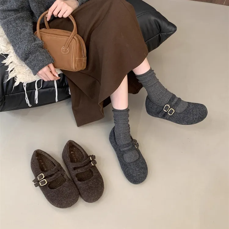 增高4cm!毛毛鞋女呢子玛丽珍鞋2025冬季新款复古灰色加绒保暖棉鞋