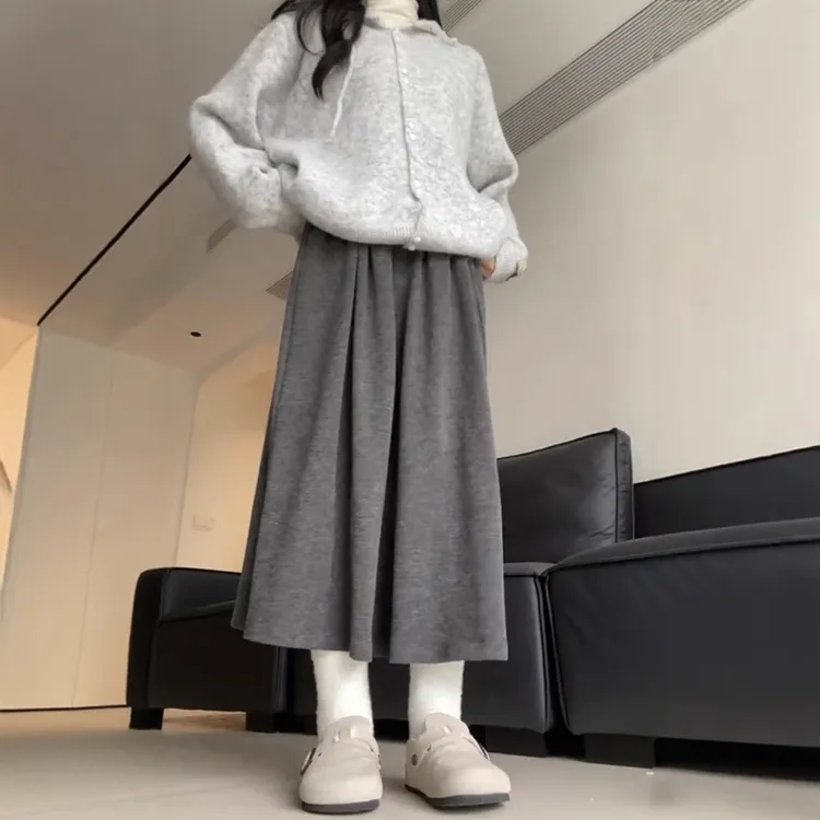 灰色针织糯米半身裙女大码胖mm显瘦遮肉a字中长款梨形伯克利裙子
