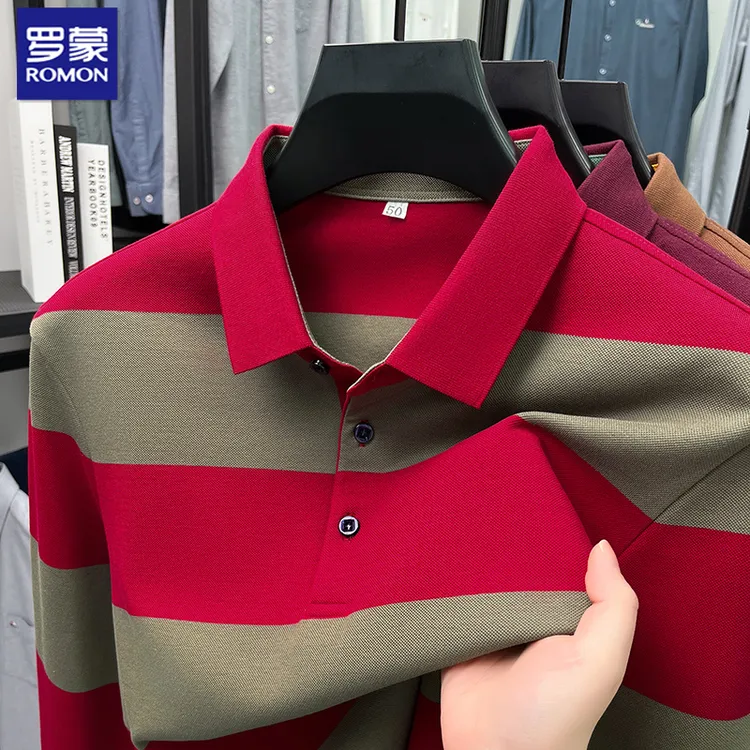 罗蒙中年男士纯棉长袖t恤男春秋季翻领条纹Polo衫上衣T恤打底衫男