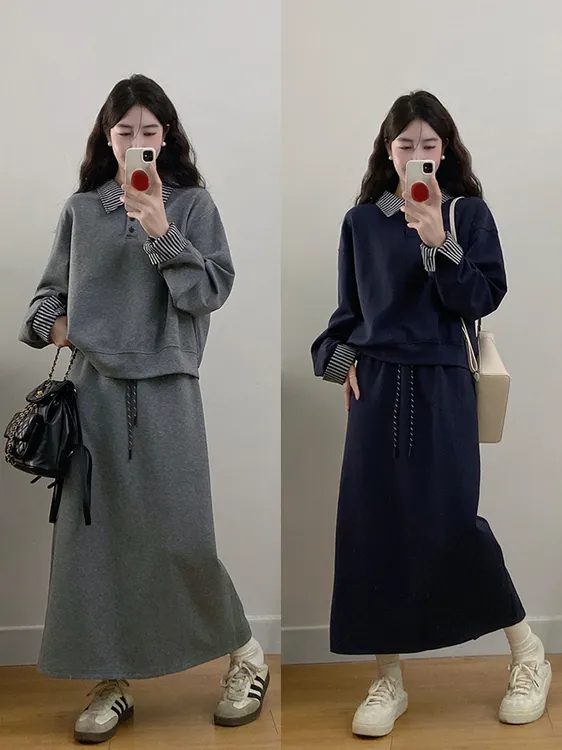 秋装新款胖mm大码女时尚拼接翻领卫衣高腰显瘦半身裙套装20607