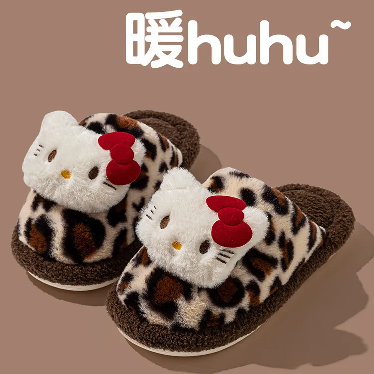 豹纹小猫~高颜值千禧辣妹风复古包头毛毛拖鞋女居家室内保暖棉拖