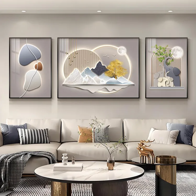 客厅装饰画轻奢沙发背景墙挂画大象家和山水画高档大气三联画壁画