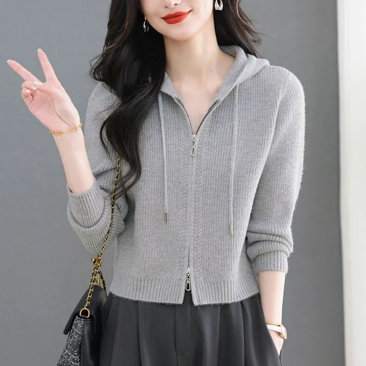 纯100羊毛衫女慵懒风坑条双拉链连帽针织开衫秋冬宽松毛衣短外套