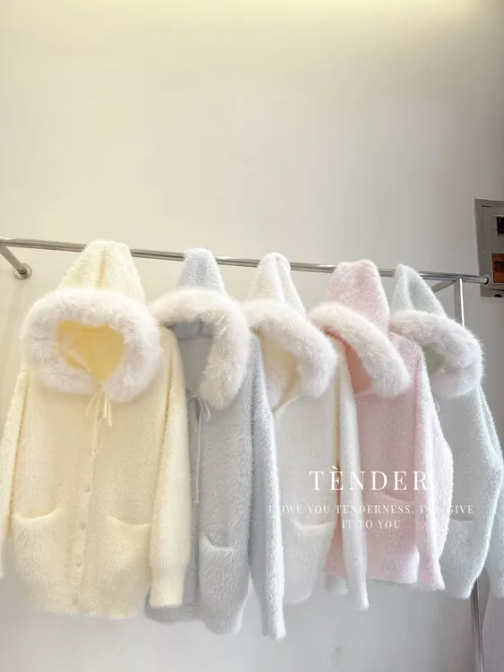 有运费险带毛领秋冬加厚外套女仿水貂绒连帽针织开衫网红百搭上衣