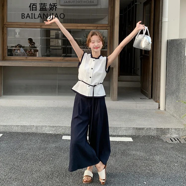 法式气质老钱风撞色无袖背心套装女夏季2025新款休闲阔腿裤两件套