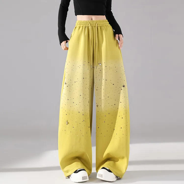 2025秋冬新款重工烫钻手工钉珠高腰显瘦两穿弯刀裤休闲阔腿卫裤女