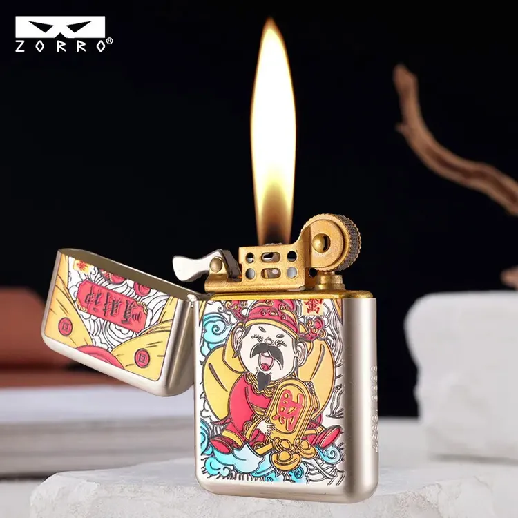 ZORRO三代佐罗Z790-012顺财神银拉丝彩印国潮纯铜防风煤油打火机