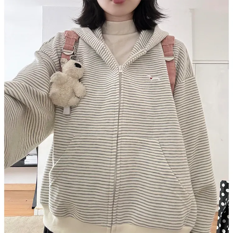 美式小狗绣花条纹拉链外套连帽卫衣休闲秋冬小众百搭时尚ins潮牌