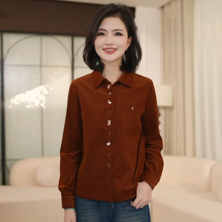 枫竺阿楠anan红色复古翻领灯芯绒长袖绣花衬衫女秋冬新款内搭上衣