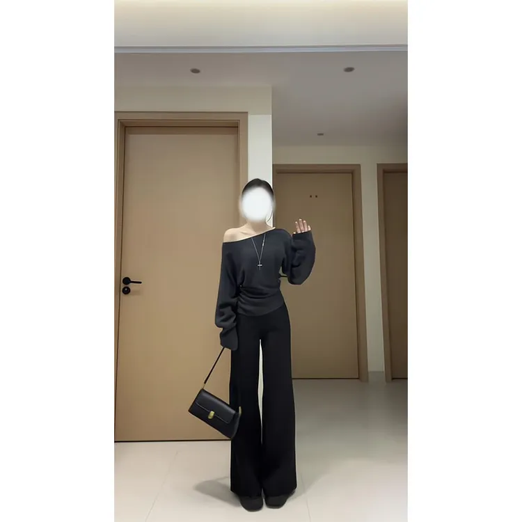 复古风斜肩长袖针织上衣女秋季修身显瘦百搭收腰气质毛衣直筒裤子