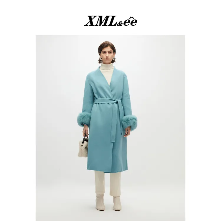 XMLee艾米尔 水雾蓝绵羊毛双面呢狐狸毛袖系带大衣外套 X444D5126