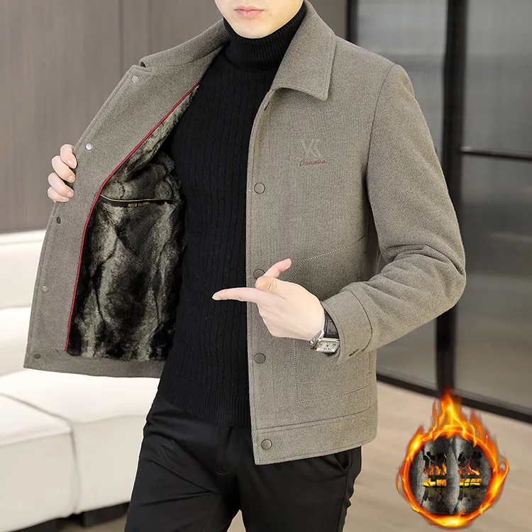 秋冬季毛呢翻领夹克男士商务休闲潮流加绒加厚短款毛呢子大衣外套