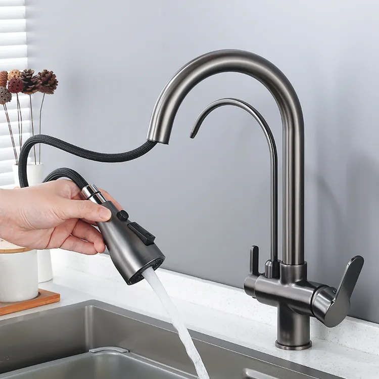 枪灰色抽拉式三合一净水龙头仿古厨房冷热洗菜盆水槽纯净水器直饮