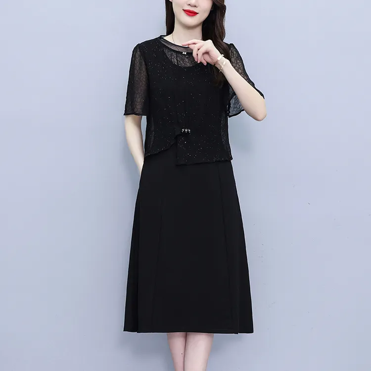 高档假俩件韩版连衣裙2025夏季新款气质名媛时尚洋气显瘦中长裙子