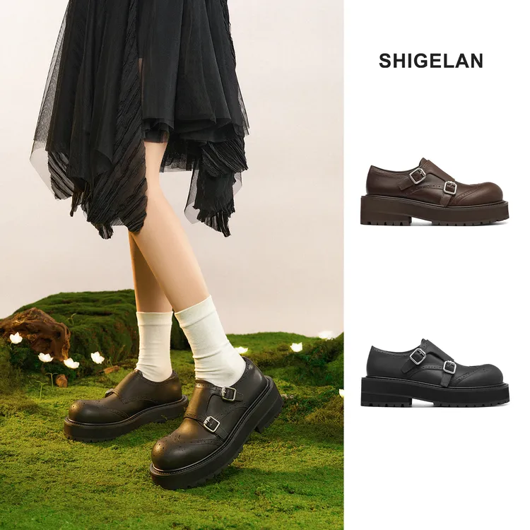 诗歌兰皮鞋女款2025新款爆款黑色真皮轻奢厚底增高乐福鞋女500-01