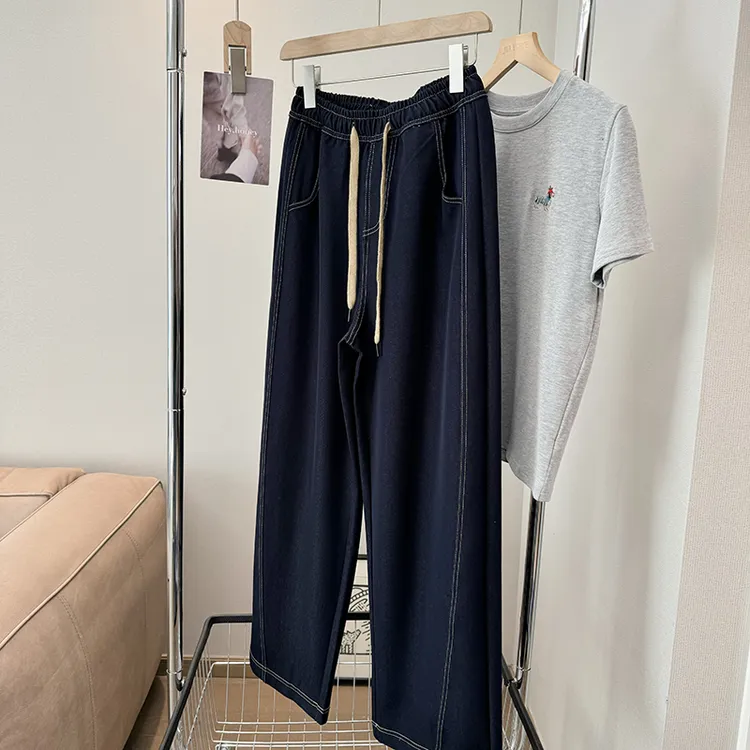 Julychee 垂感人棉牛仔裤松紧腰休闲直筒长裤