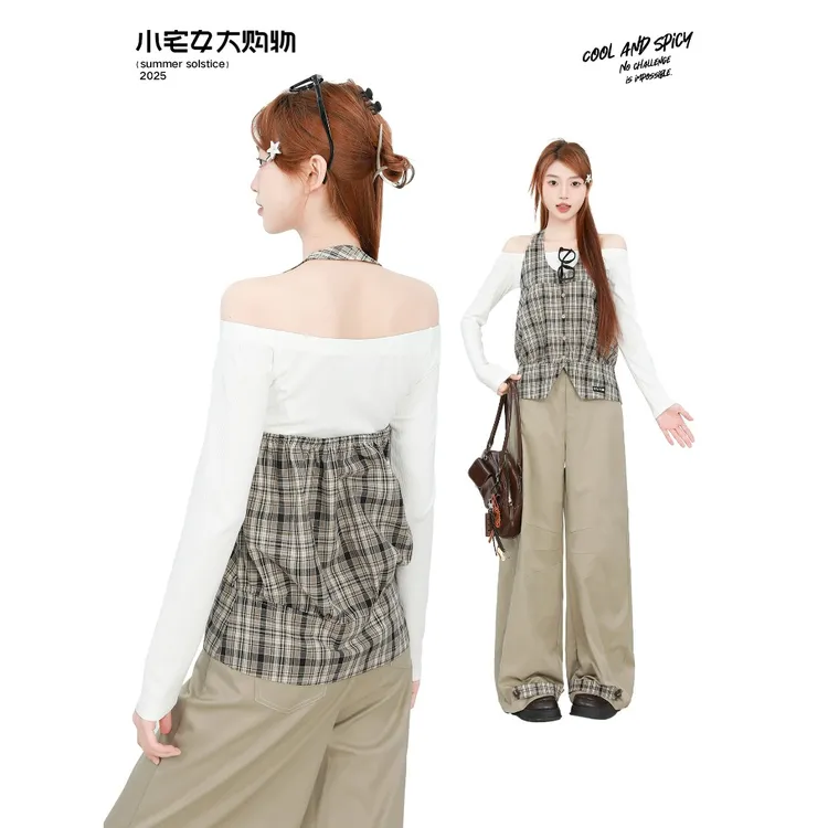小宅女 气质一整套ootd穿搭一字肩长袖上衣挂脖背心直筒裤三件套