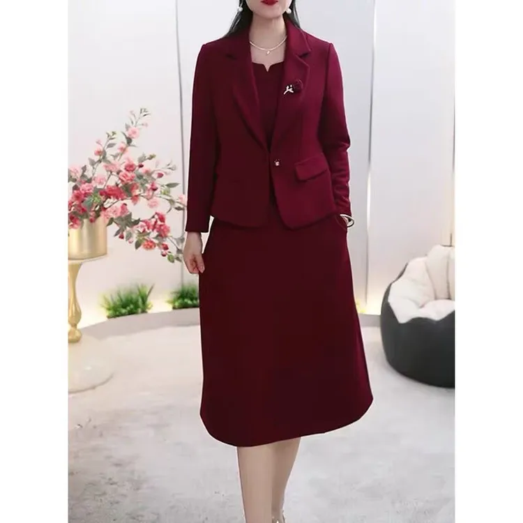 【两件套】3513新款改良气质妈妈装轻奢国风显瘦遮肉喜妈妈红色时尚