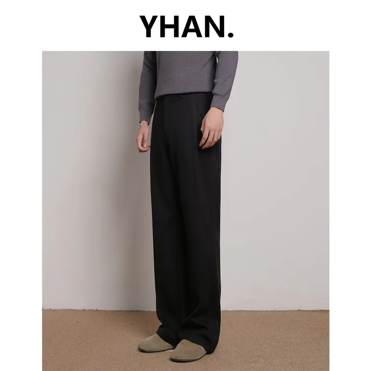 【YHAN】三本针‘星空毛呢’宽松直筒黑色垂感西裤男秋冬休闲裤西装裤