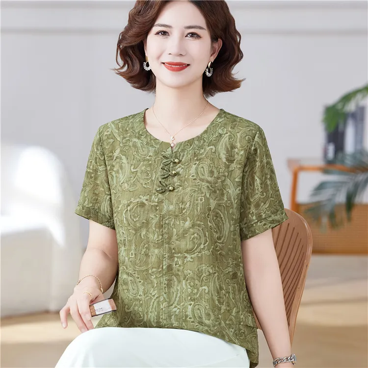 妈妈装夏季新款短袖小衫时尚洋气中老年女恤衫40岁岁薄款上衣套装