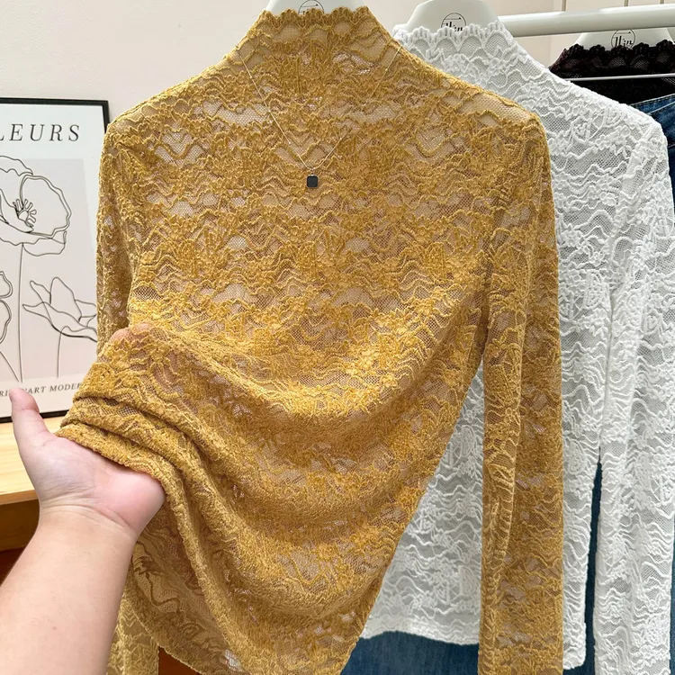 法式木耳边长袖打底衫女秋冬轻奢镂空薄网纱姜黄色半高领蕾丝上衣