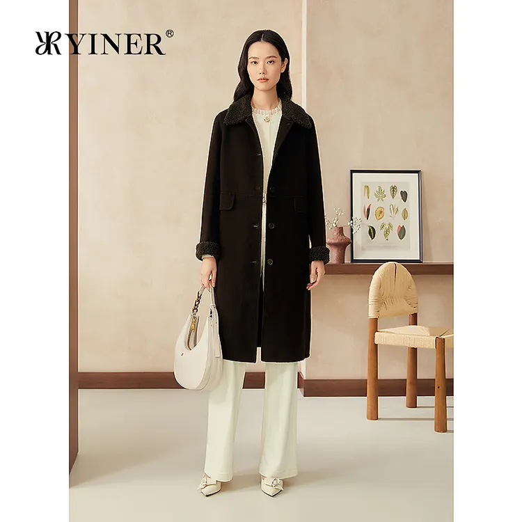 YINER音儿专选2025新款中长款颗粒绒翻领纯羊毛呢大衣外套