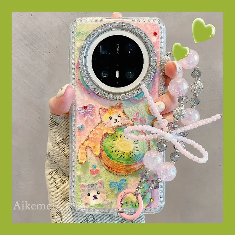 适用华为mate70pro+手机壳水钻镜框Mate60pro+绿色猕猴桃猫咪链条