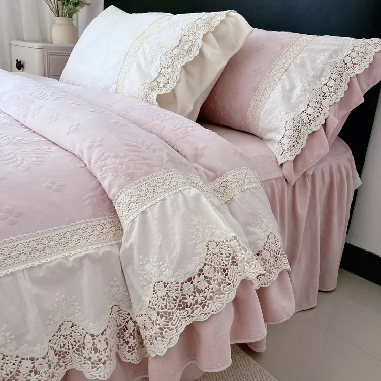 冬季法式牛奶绒四件套加绒双面绒保暖被套加厚床单床裙高档床品