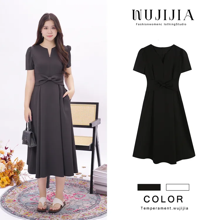 五季家气质重工设计师款显瘦大码黑色连衣裙裙子ZL109819