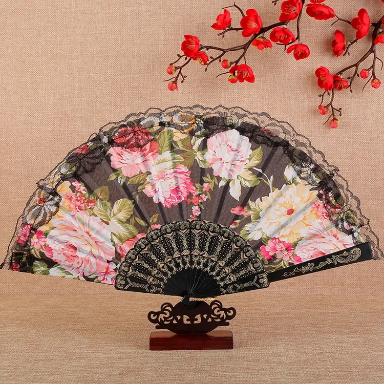 [拍一发二]牡丹花边折扇 女式折叠夏季扇舞蹈表演摄影拍照道具