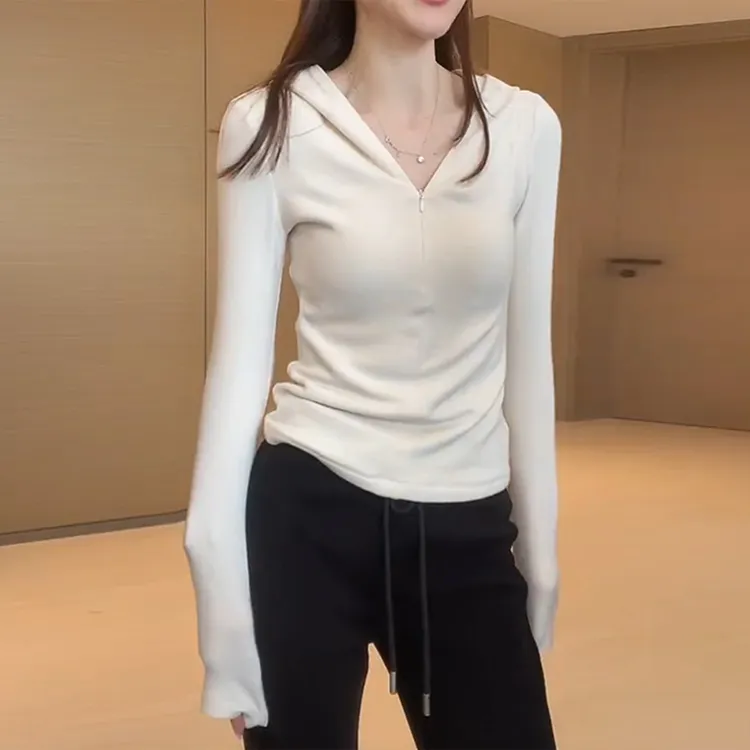 高级感白色连帽长袖t恤女装秋冬2025新款帽衫百搭上衣打底衫女士