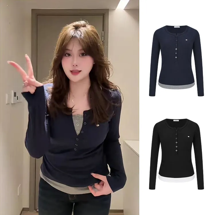 Moses Queen/魔西女王假两件小设计修身内搭打底衫辣妹上衣显瘦