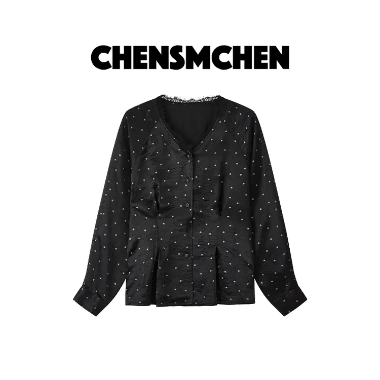 CHENSMCHEN醋酸波点蕾丝拼接V领衬衫女时尚精致优雅衬衣CSC8778LC