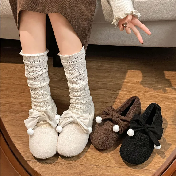 百搭保暖蝴蝶结可爱棉鞋女款2025新款冬季复古加绒软底网红毛毛鞋