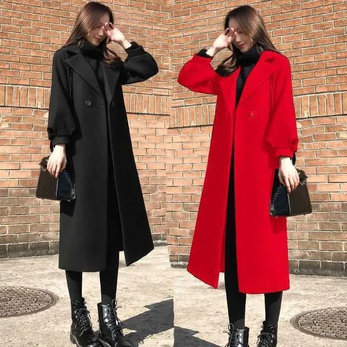 秋冬季毛呢加厚女200斤大码风衣女长款过膝宽松超厚高端呢子大衣