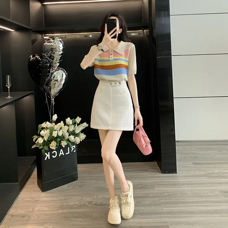 夏季新款洋气短款小个子针织短袖t恤上衣牛仔短裙防走光A字包臀裙