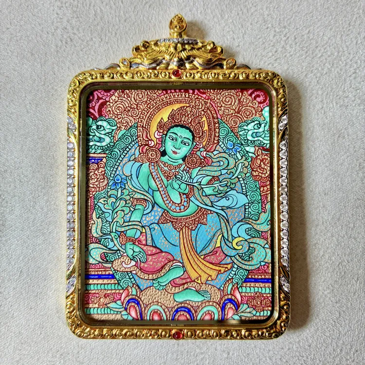 【焱梵鎏瑾】纯矿料纯手绘随身唐卡·绿度母·吊坠  50*40mm
