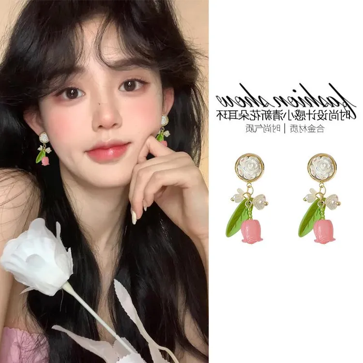 铜合金锆石耳饰 小清新花朵耳环少女可爱甜美森系耳坠小众设计感i