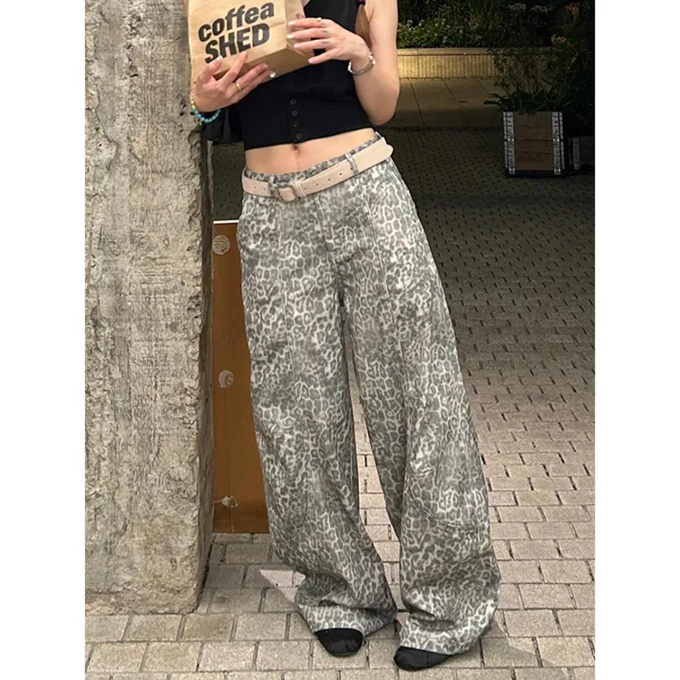 美式复古做旧水洗豹纹牛仔裤女秋季辣妹慵懒松弛感时髦拖地弯刀裤