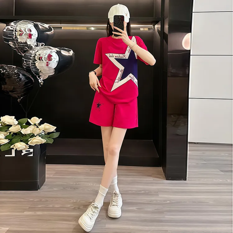 高含棉欧货运动服时尚套装女2025年夏季新款洋气短袖短裤两件套潮