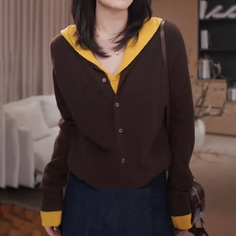 假两件撞色连帽针织开衫女秋季新款胖MM大码女装慵懒风巨显瘦上衣