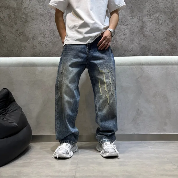 2025山海原创系列秋季新款男士直筒美式牛仔裤磨破做旧高级长裤男
