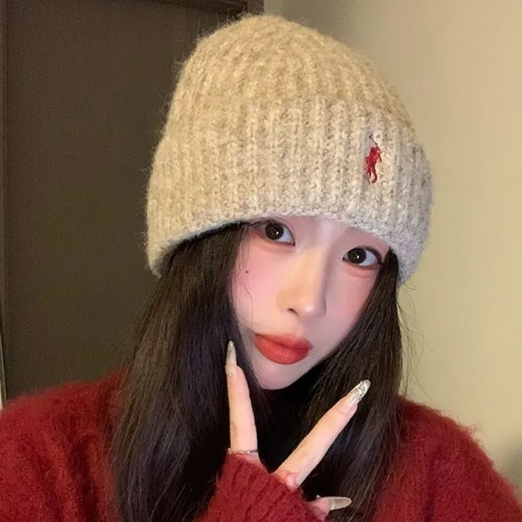 帽子女最潮新款刺绣小马毛线帽秋冬季休闲百搭针织帽保暖包头冷帽