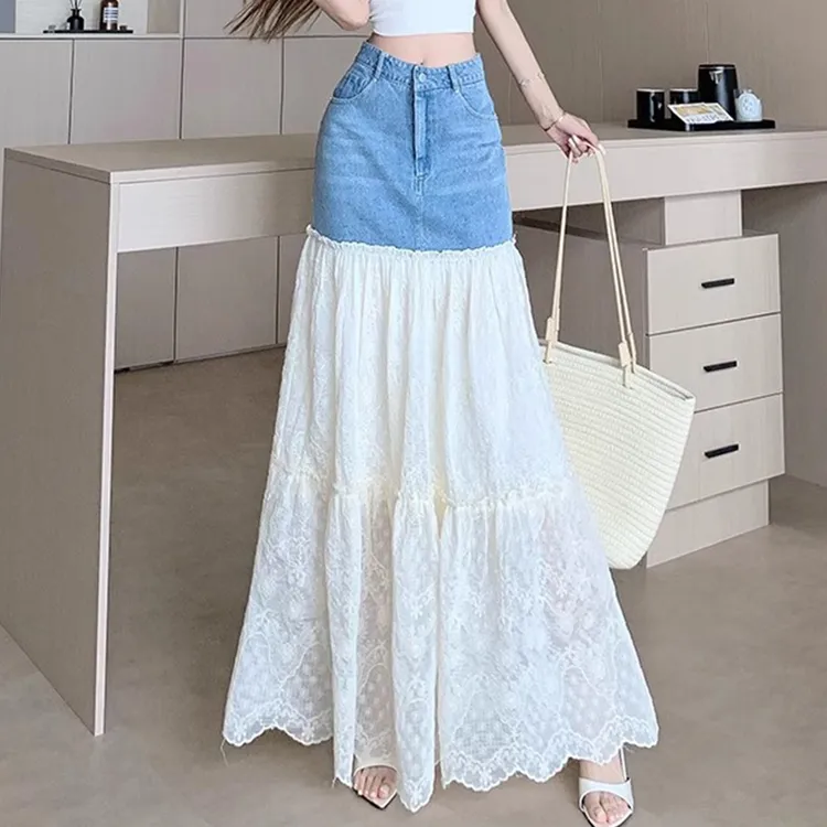 蕾丝拼接牛仔半身裙女夏季薄款休闲设计感a字裙垂坠感包臀长裙